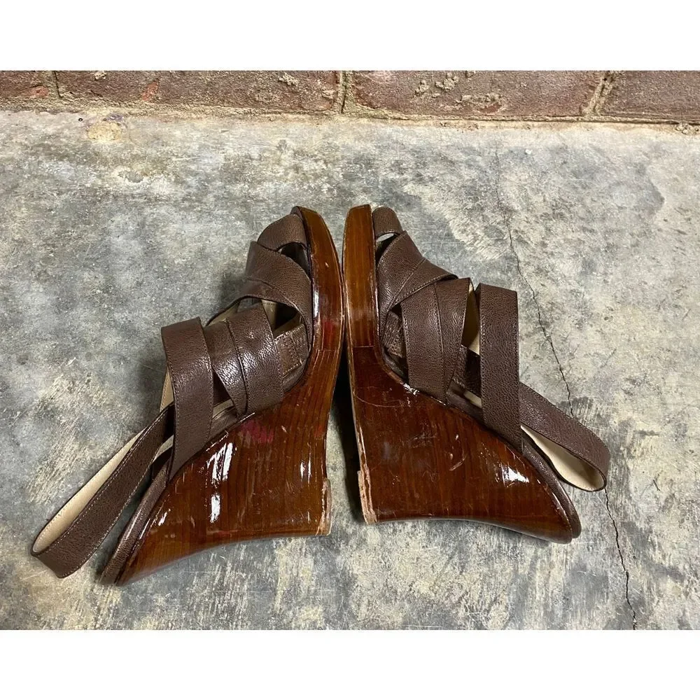 Michael Kors Brown Leather Strappy Platform Wedge Sandal Size 7
